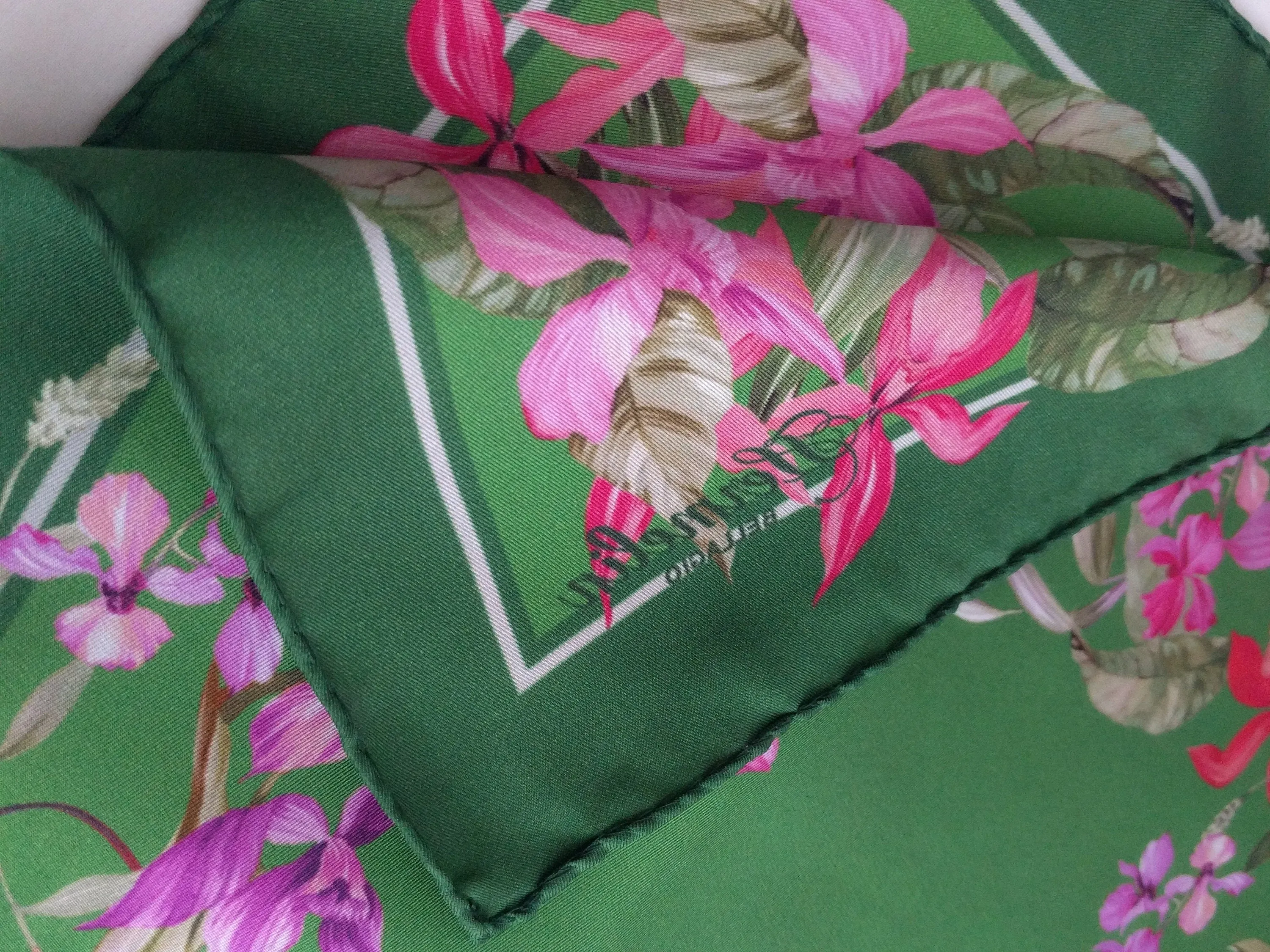 Italian Silk Scarf – Small Green Como Silk Scarf, Magenta & Red Accents, Made in Italy, 19.5" Square with Rolled Edges