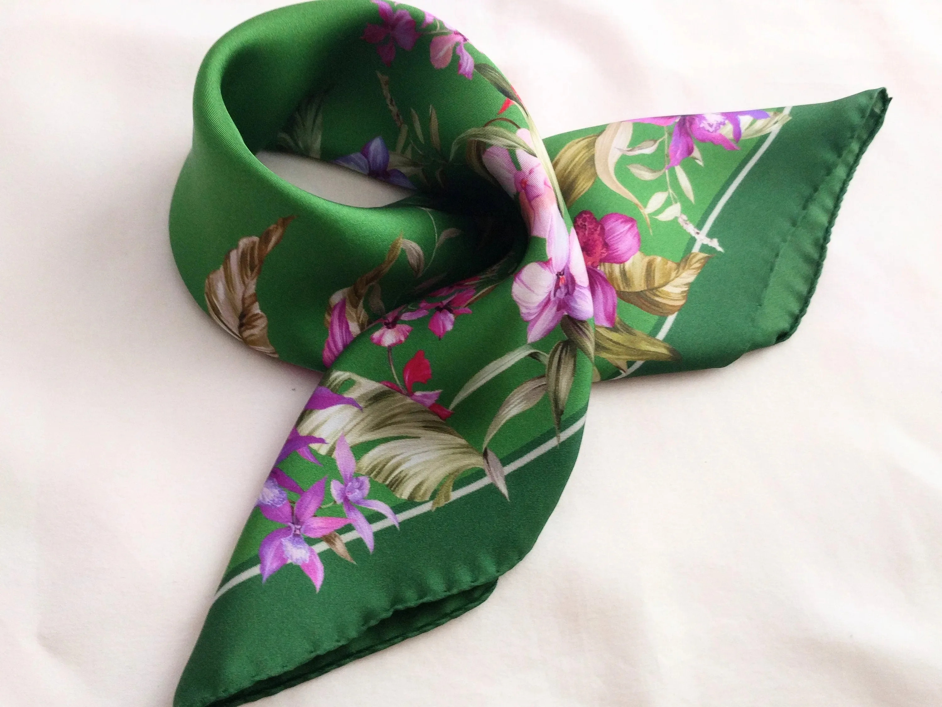 Italian Silk Scarf – Small Green Como Silk Scarf, Magenta & Red Accents, Made in Italy, 19.5" Square with Rolled Edges