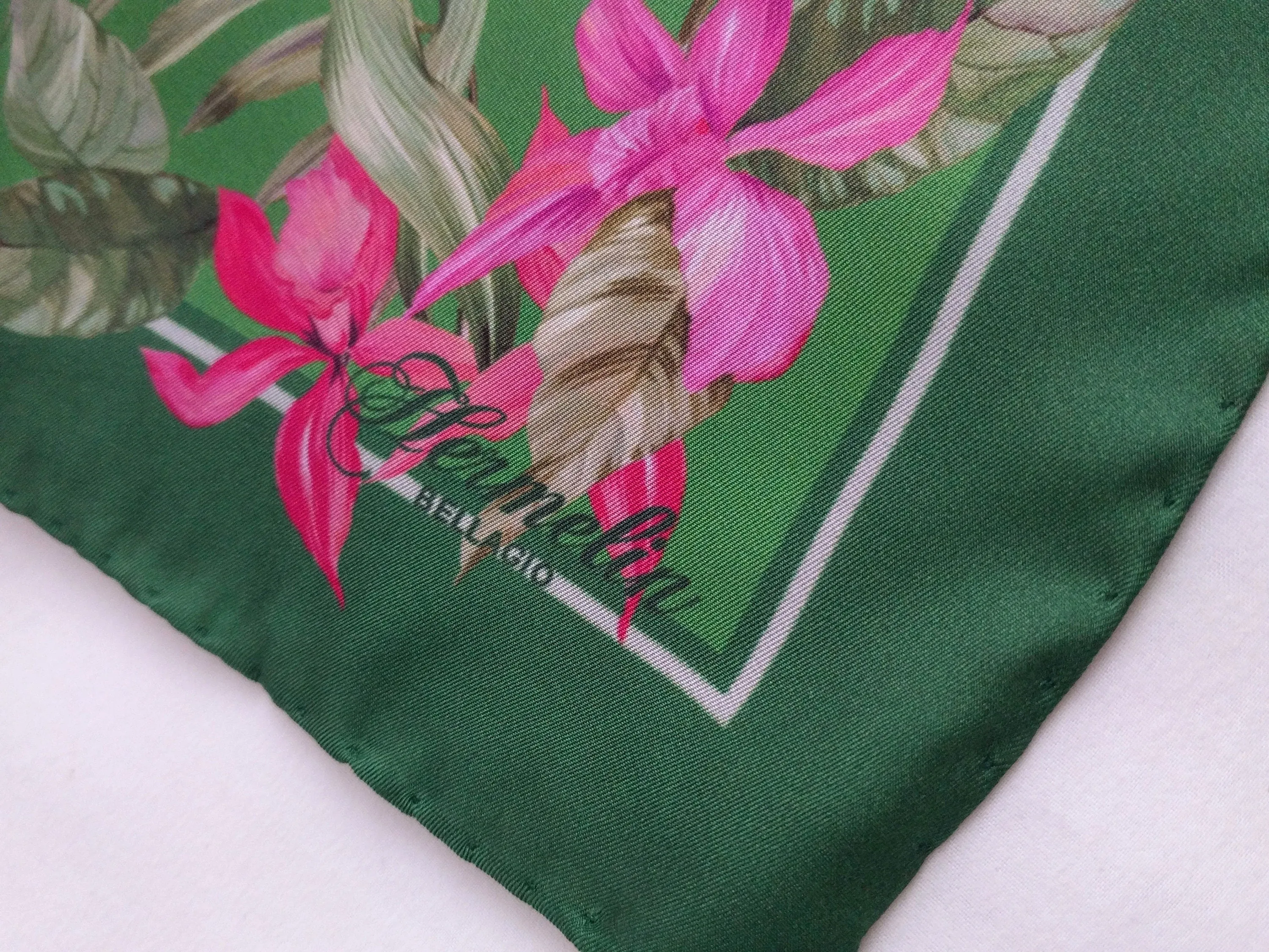 Italian Silk Scarf – Small Green Como Silk Scarf, Magenta & Red Accents, Made in Italy, 19.5" Square with Rolled Edges