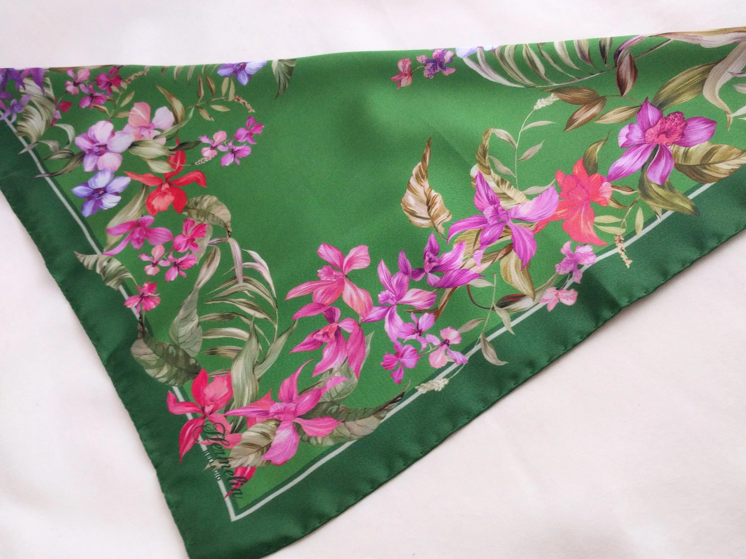 Italian Silk Scarf – Small Green Como Silk Scarf, Magenta & Red Accents, Made in Italy, 19.5" Square with Rolled Edges