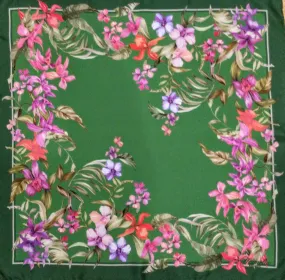 Italian Silk Scarf – Small Green Como Silk Scarf, Magenta & Red Accents, Made in Italy, 19.5" Square with Rolled Edges