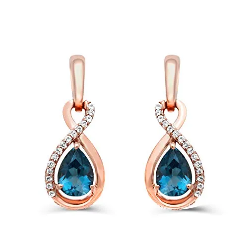 Jewelili 10K Rose Gold With Pear Natural London Blue Topaz and Round Natural White Topaz Teardrop Drop Earrings