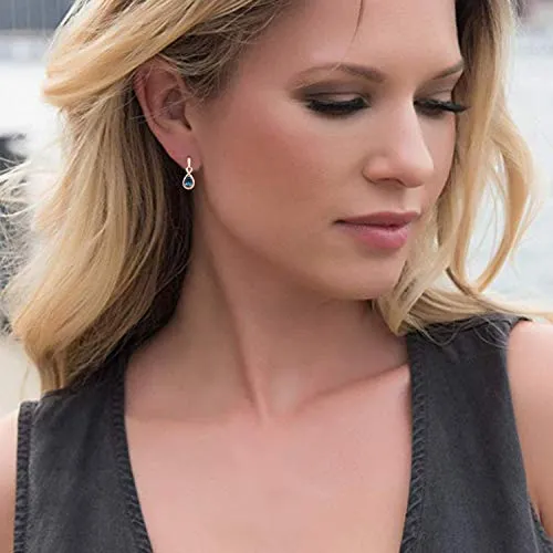 Jewelili 10K Rose Gold With Pear Natural London Blue Topaz and Round Natural White Topaz Teardrop Drop Earrings