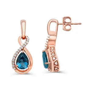 Jewelili 10K Rose Gold With Pear Natural London Blue Topaz and Round Natural White Topaz Teardrop Drop Earrings