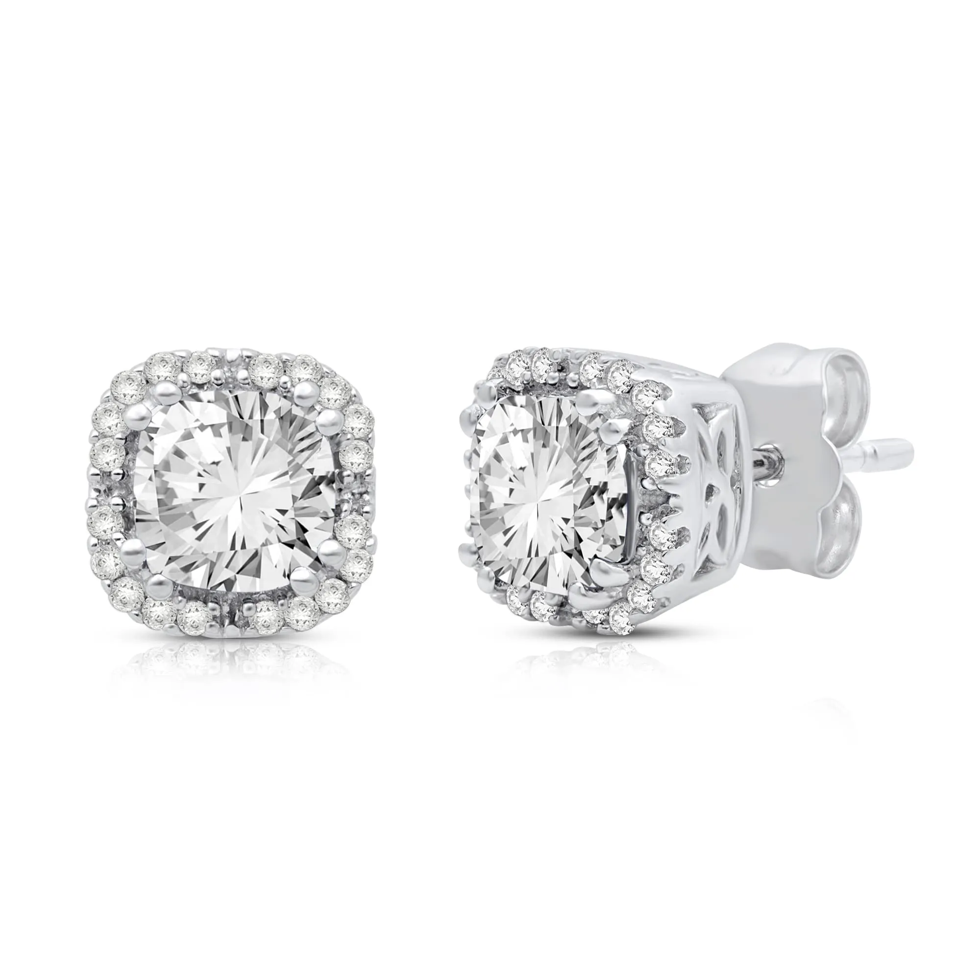 Jewelili 10K White Gold with 1/10 CTTW Round Natural Diamonds and Cushion Cut White Topaz Stud Earrings