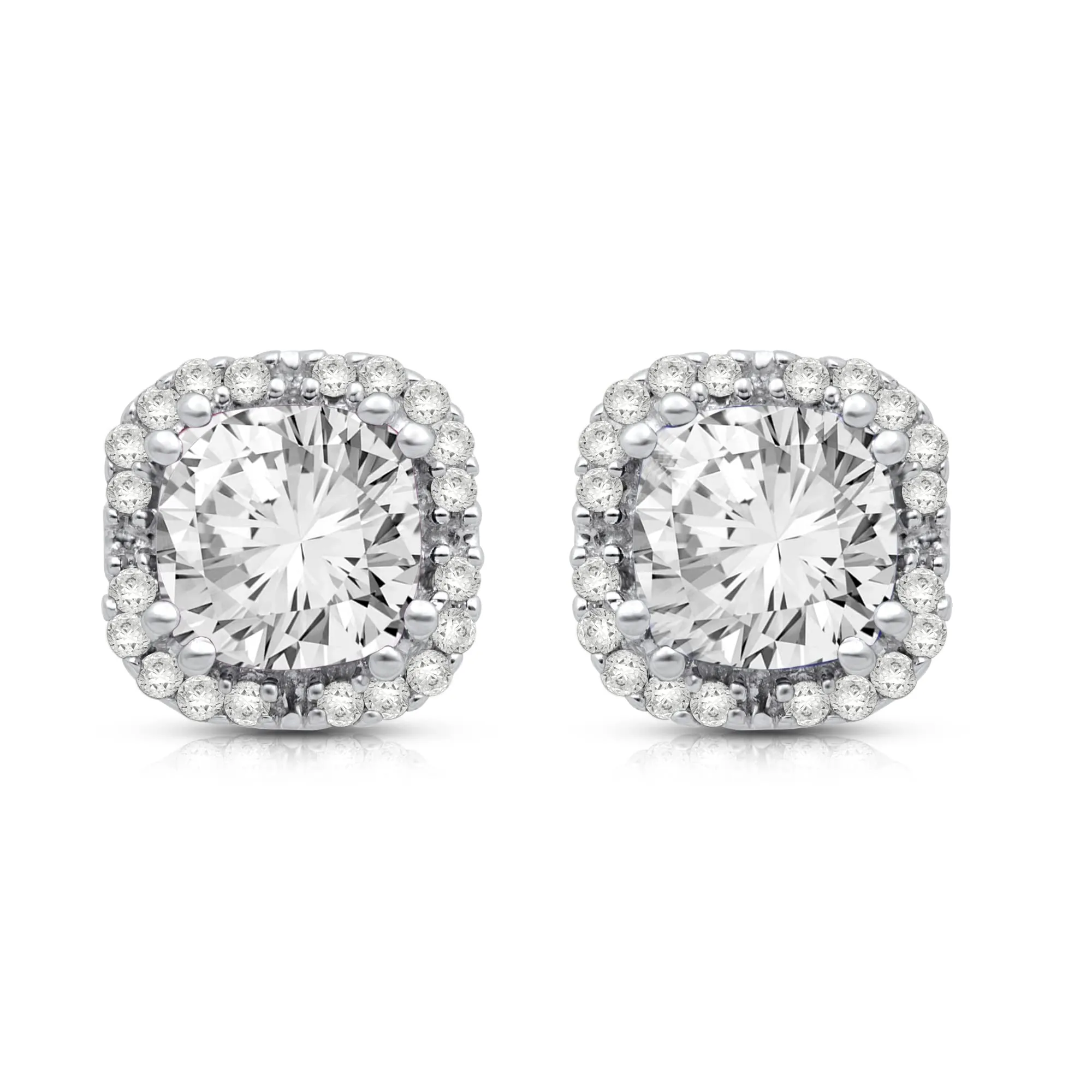 Jewelili 10K White Gold with 1/10 CTTW Round Natural Diamonds and Cushion Cut White Topaz Stud Earrings