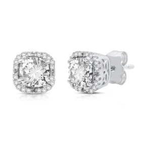 Jewelili 10K White Gold with 1/10 CTTW Round Natural Diamonds and Cushion Cut White Topaz Stud Earrings