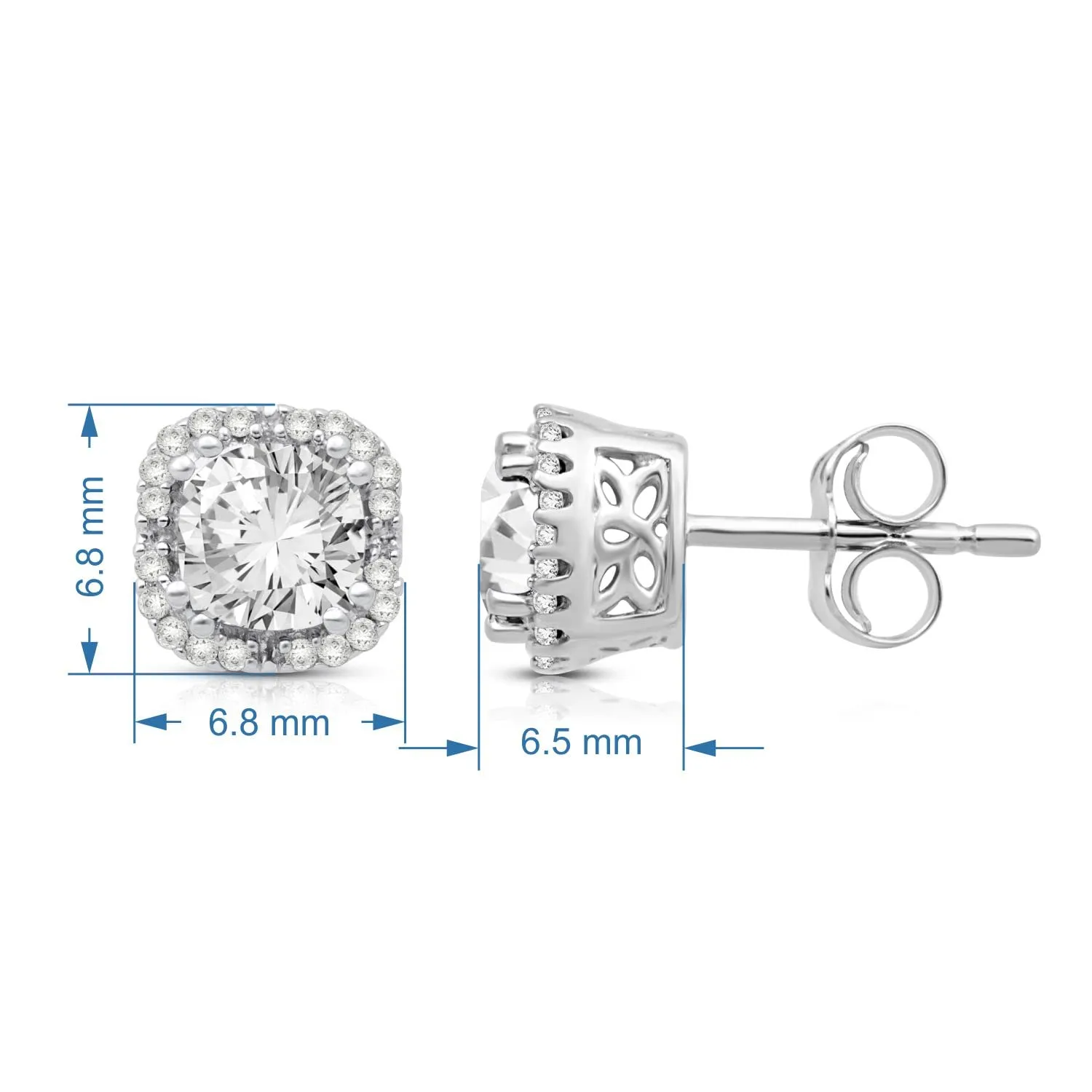 Jewelili 10K White Gold with 1/10 CTTW Round Natural Diamonds and Cushion Cut White Topaz Stud Earrings