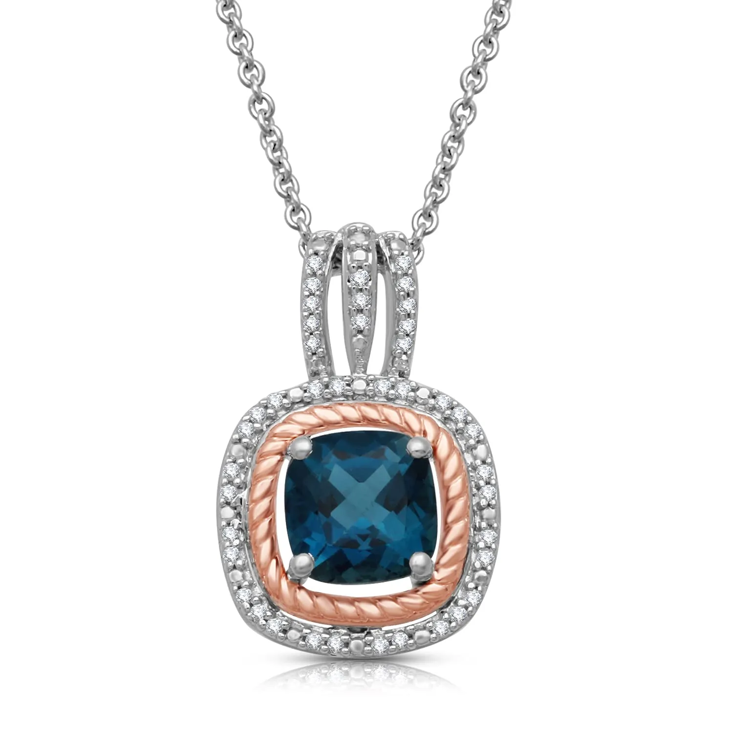 Jewelili 14K Rose Gold Over Sterling Silver With Simulated London Blue Topaz and 1/8 CTTW Natural White Diamonds Halo Pendant Necklace
