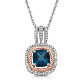 Jewelili 14K Rose Gold Over Sterling Silver With Simulated London Blue Topaz and 1/8 CTTW Natural White Diamonds Halo Pendant Necklace