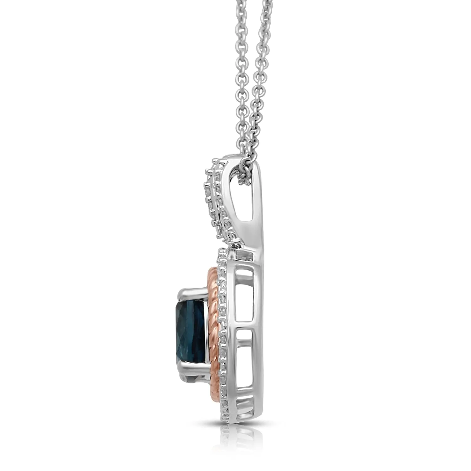 Jewelili 14K Rose Gold Over Sterling Silver With Simulated London Blue Topaz and 1/8 CTTW Natural White Diamonds Halo Pendant Necklace