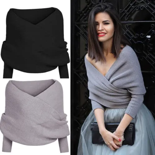 Knitted Wrap Scarf With Sleeves - Sexy V-neck Off Shoulder Winter Warm Shawl Scarves