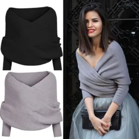 Knitted Wrap Scarf With Sleeves - Sexy V-neck Off Shoulder Winter Warm Shawl Scarves