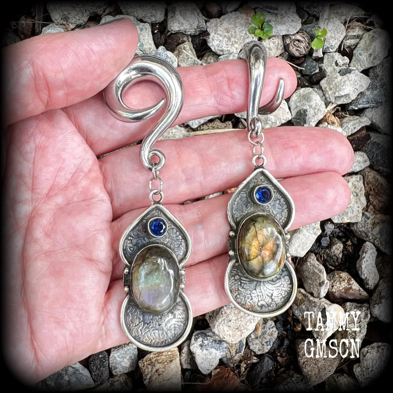 Labradorite and blue topaz gauged earrings-Gemstone ear weights