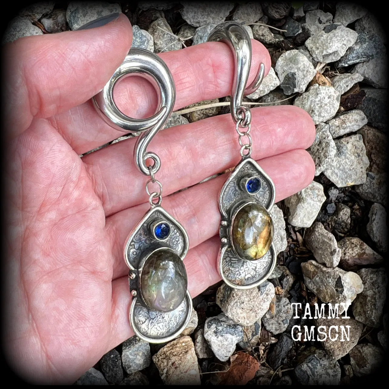 Labradorite and blue topaz gauged earrings-Gemstone ear weights
