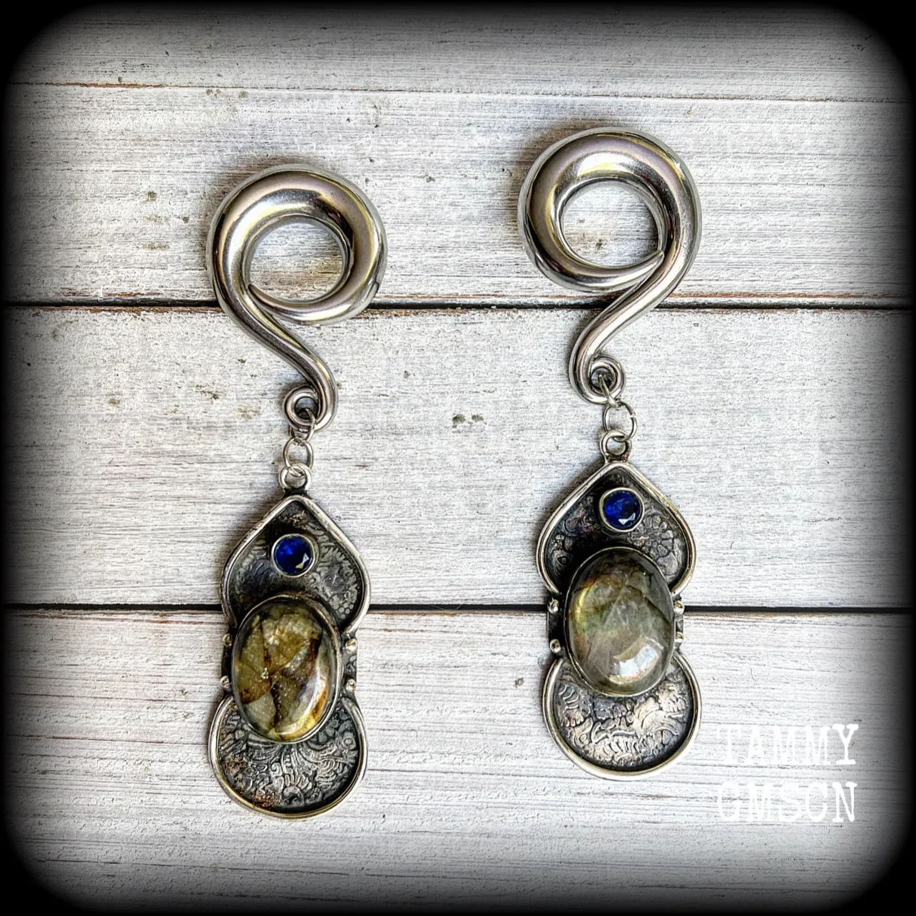 Labradorite and blue topaz gauged earrings-Gemstone ear weights