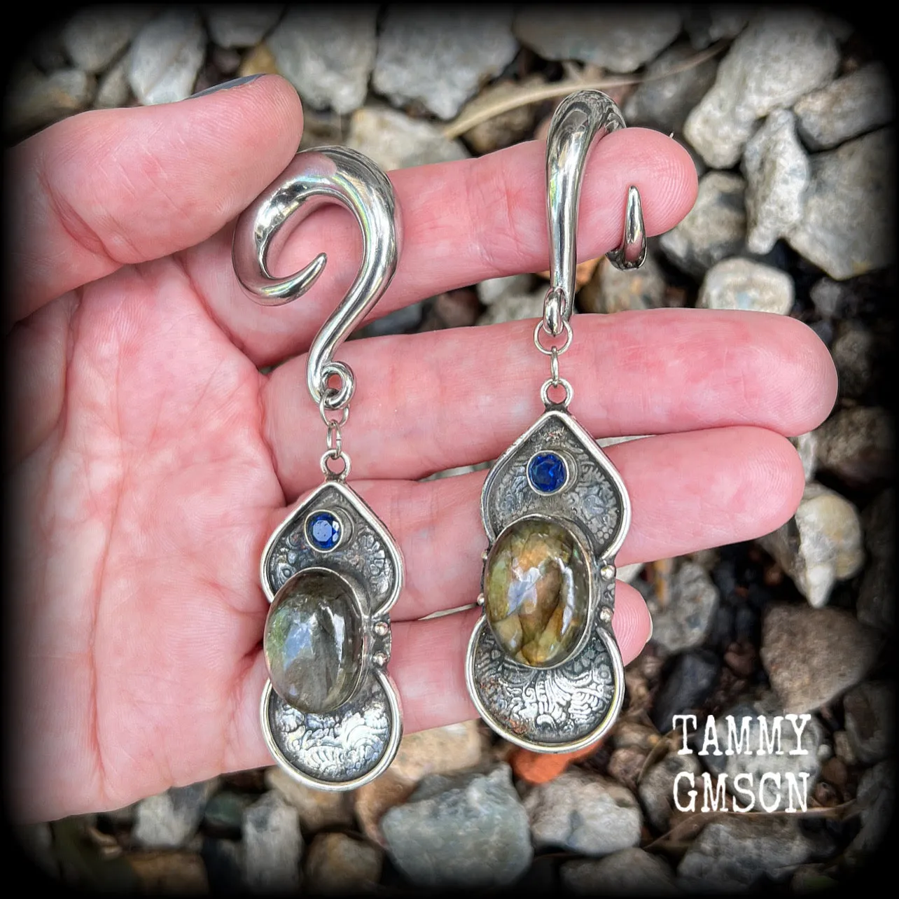 Labradorite and blue topaz gauged earrings-Gemstone ear weights