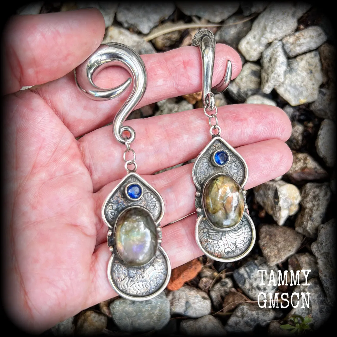 Labradorite and blue topaz gauged earrings-Gemstone ear weights