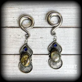 Labradorite and blue topaz gauged earrings-Gemstone ear weights