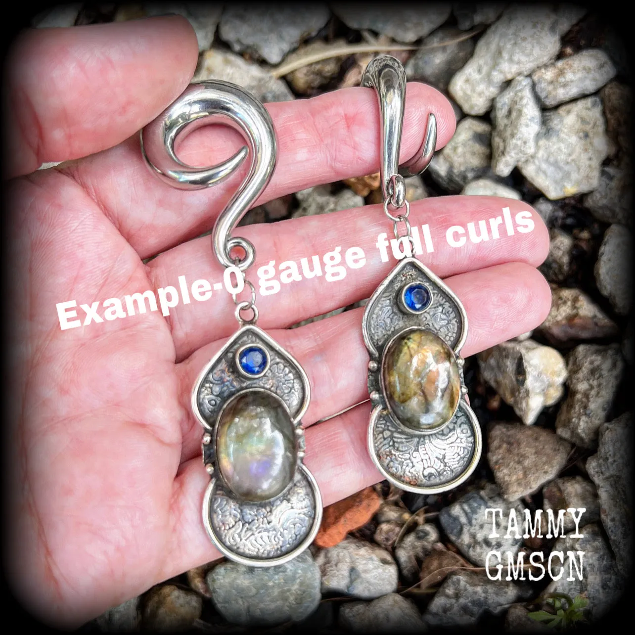 Labradorite and blue topaz gauged earrings-Gemstone ear weights