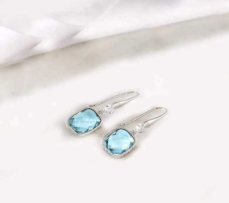 London Blue Topaz Emerald Cut Dangling Silver Plating Earrings ITALY Made