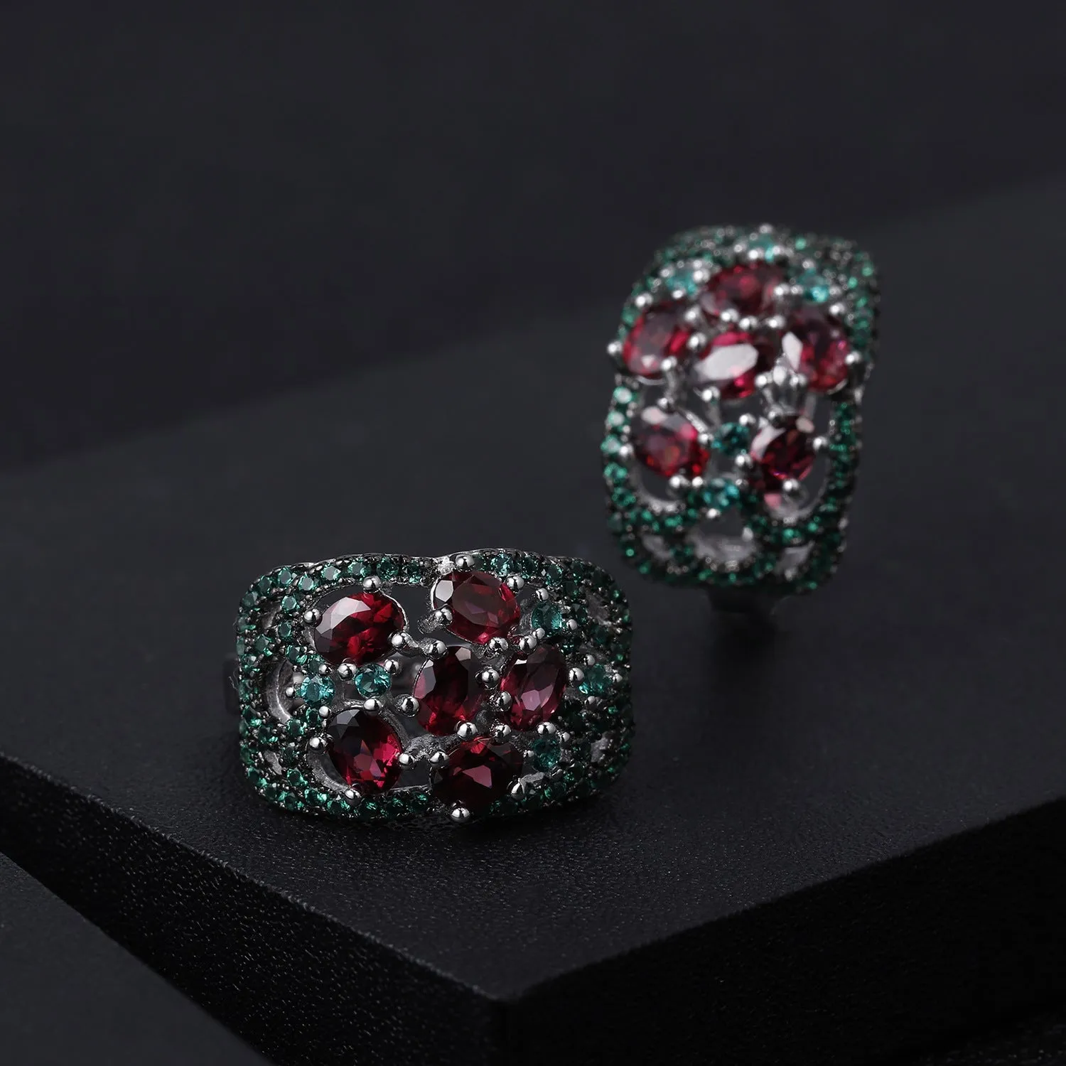 Luxury Hollow Wide Surface Design Natural Gemstone Silver Stud Earrings