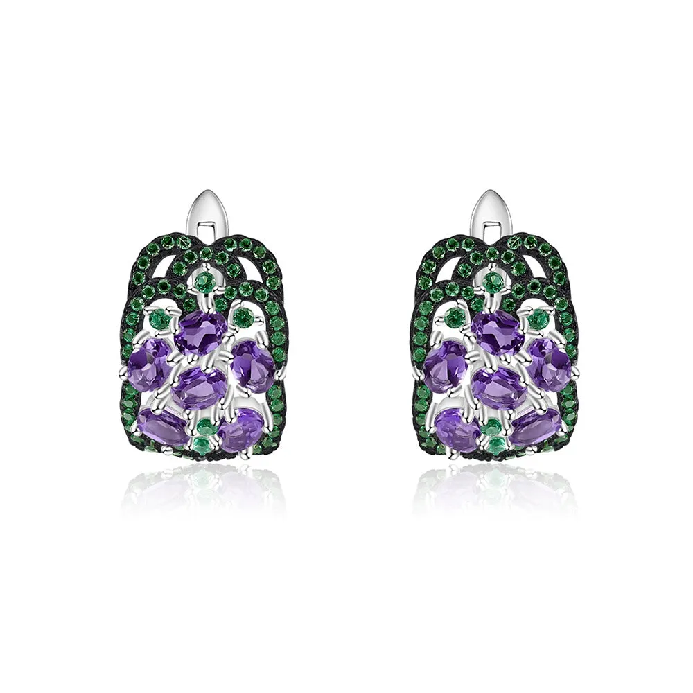 Luxury Hollow Wide Surface Design Natural Gemstone Silver Stud Earrings
