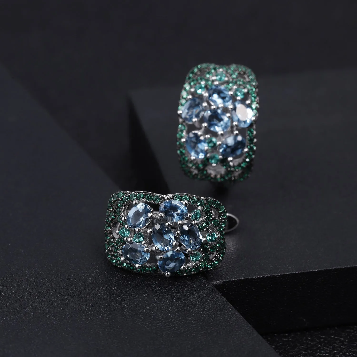Luxury Hollow Wide Surface Design Natural Gemstone Silver Stud Earrings