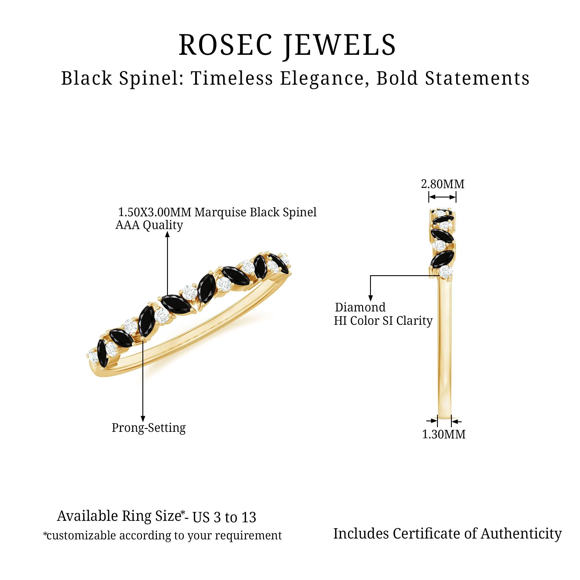 Marquise Black Spinel and Diamond Half Eternity Ring