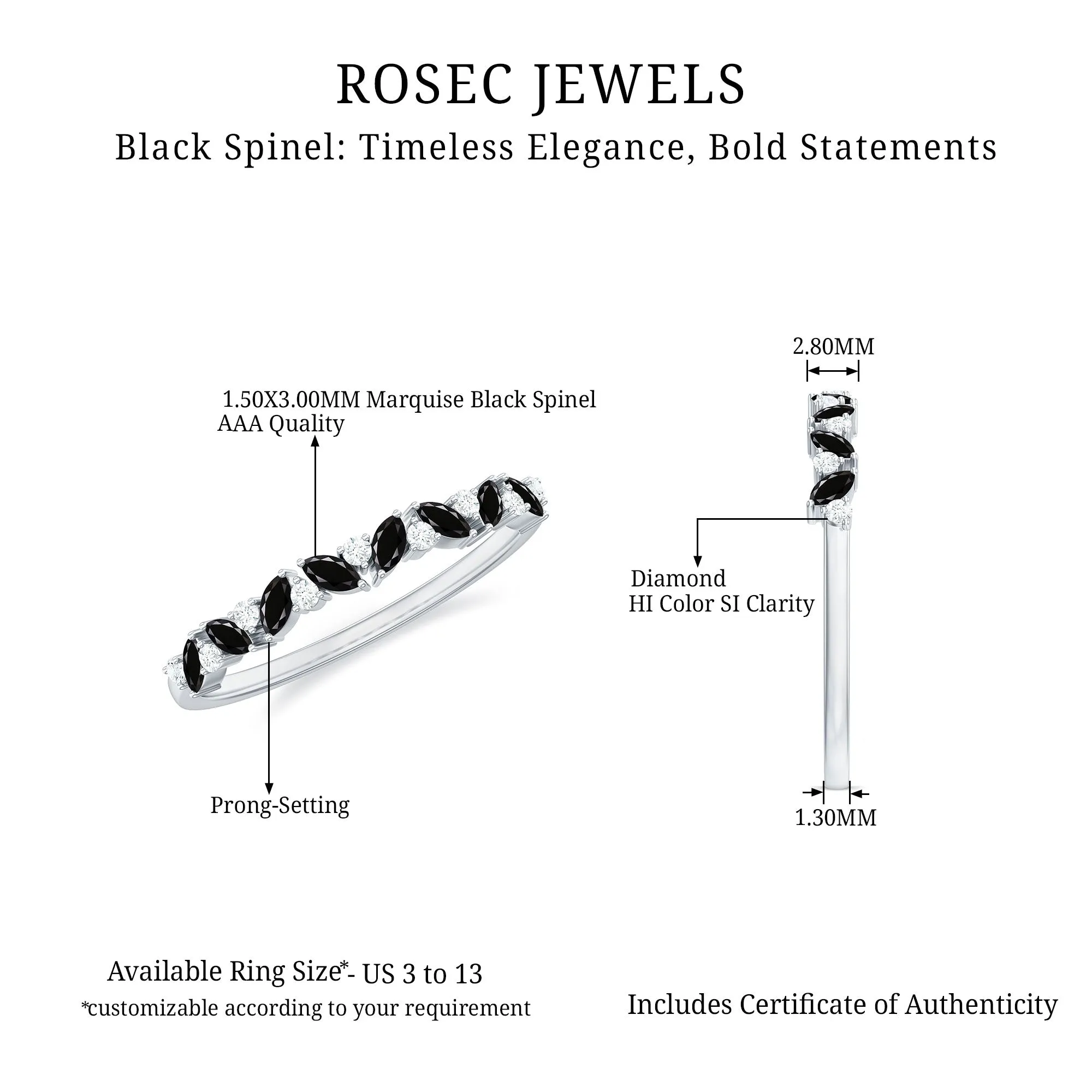 Marquise Black Spinel and Diamond Half Eternity Ring