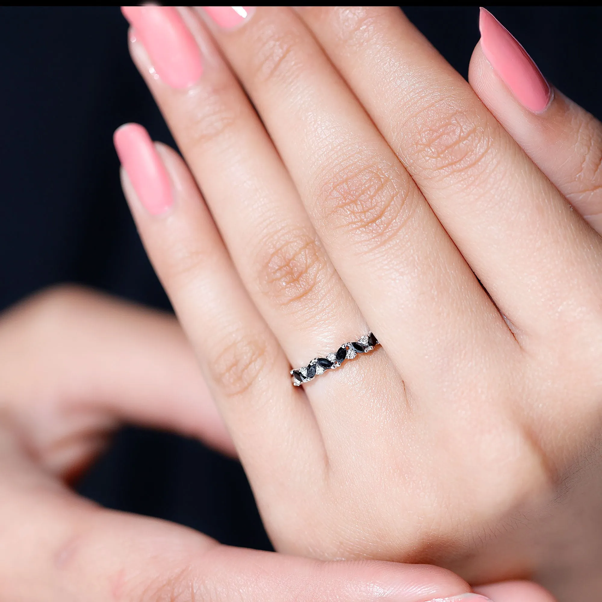 Marquise Black Spinel and Diamond Half Eternity Ring