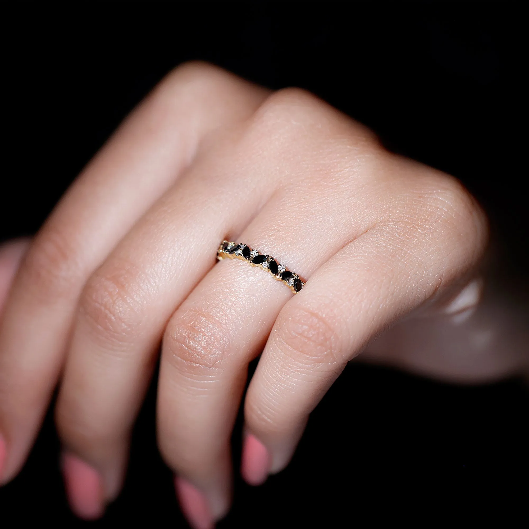 Marquise Black Spinel and Diamond Half Eternity Ring
