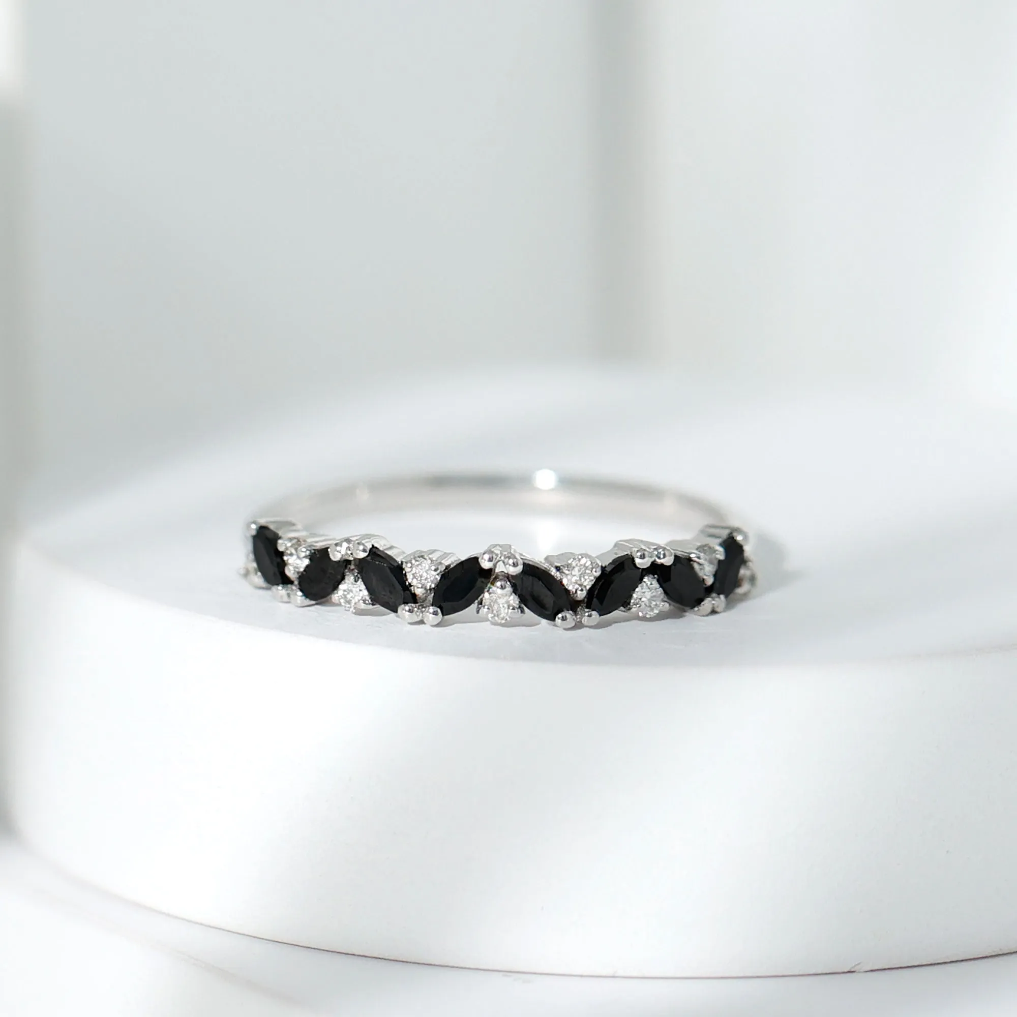 Marquise Black Spinel and Diamond Half Eternity Ring