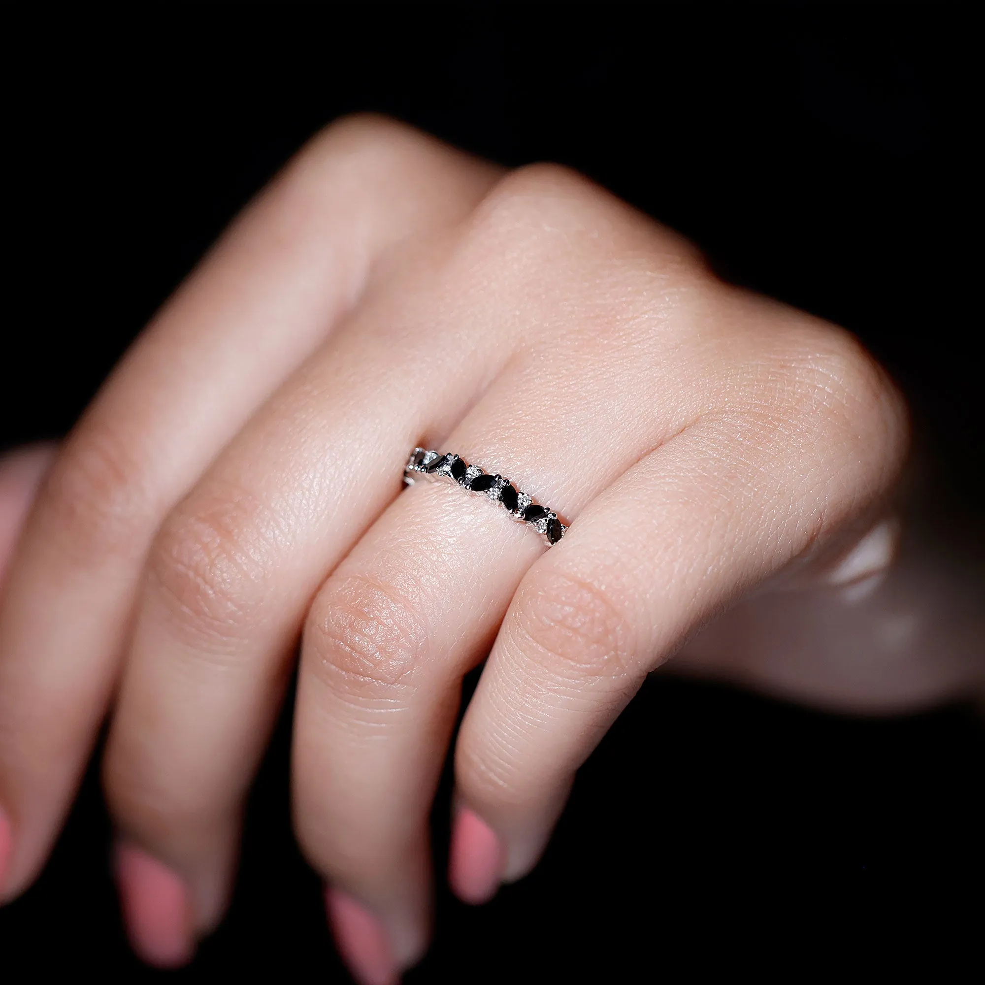 Marquise Black Spinel and Diamond Half Eternity Ring