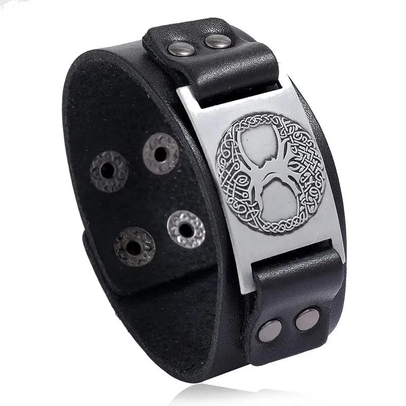 Marshal Leather Bracelet Tree of Life - Nordic Bracelet with Yggdrasil Amulet - Pagan Jewelry of Dara Celtic Knot