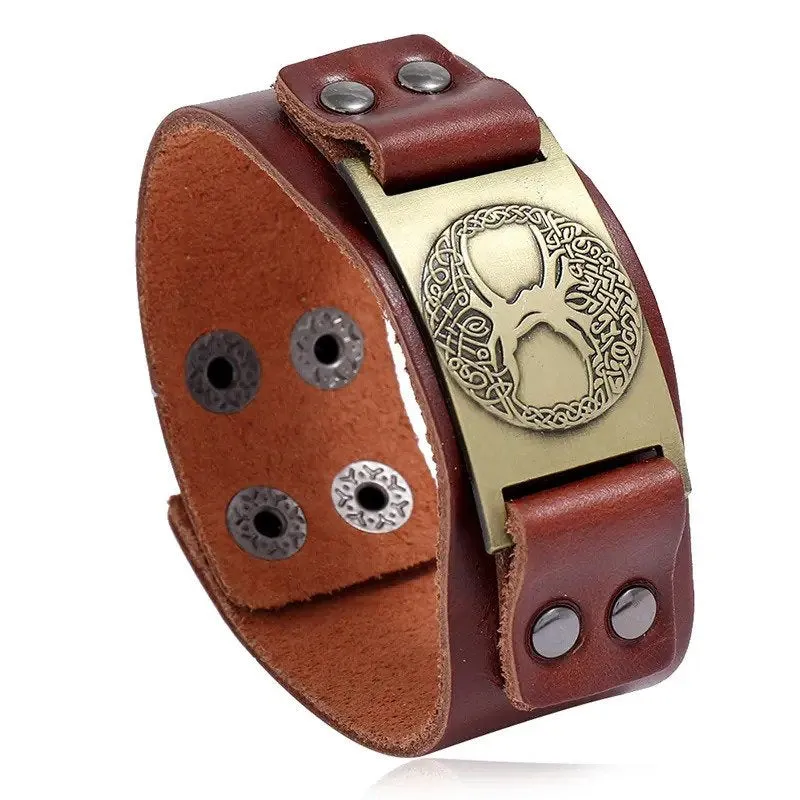 Marshal Leather Bracelet Tree of Life - Nordic Bracelet with Yggdrasil Amulet - Pagan Jewelry of Dara Celtic Knot