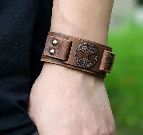 Marshal Leather Bracelet Tree of Life - Nordic Bracelet with Yggdrasil Amulet - Pagan Jewelry of Dara Celtic Knot