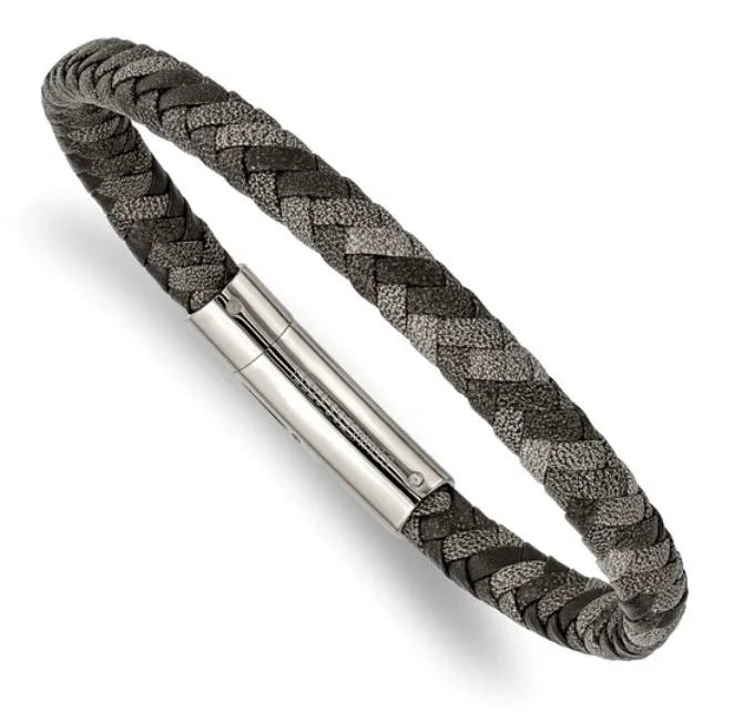 Men's Stainless Steel Polished Black and Grey Braided Leather Bracelet (SI3595)