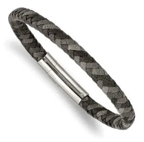 Men's Stainless Steel Polished Black and Grey Braided Leather Bracelet (SI3595)