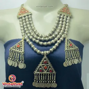 Metal Beaded Chain Necklace With Dangling Pendants and Coins