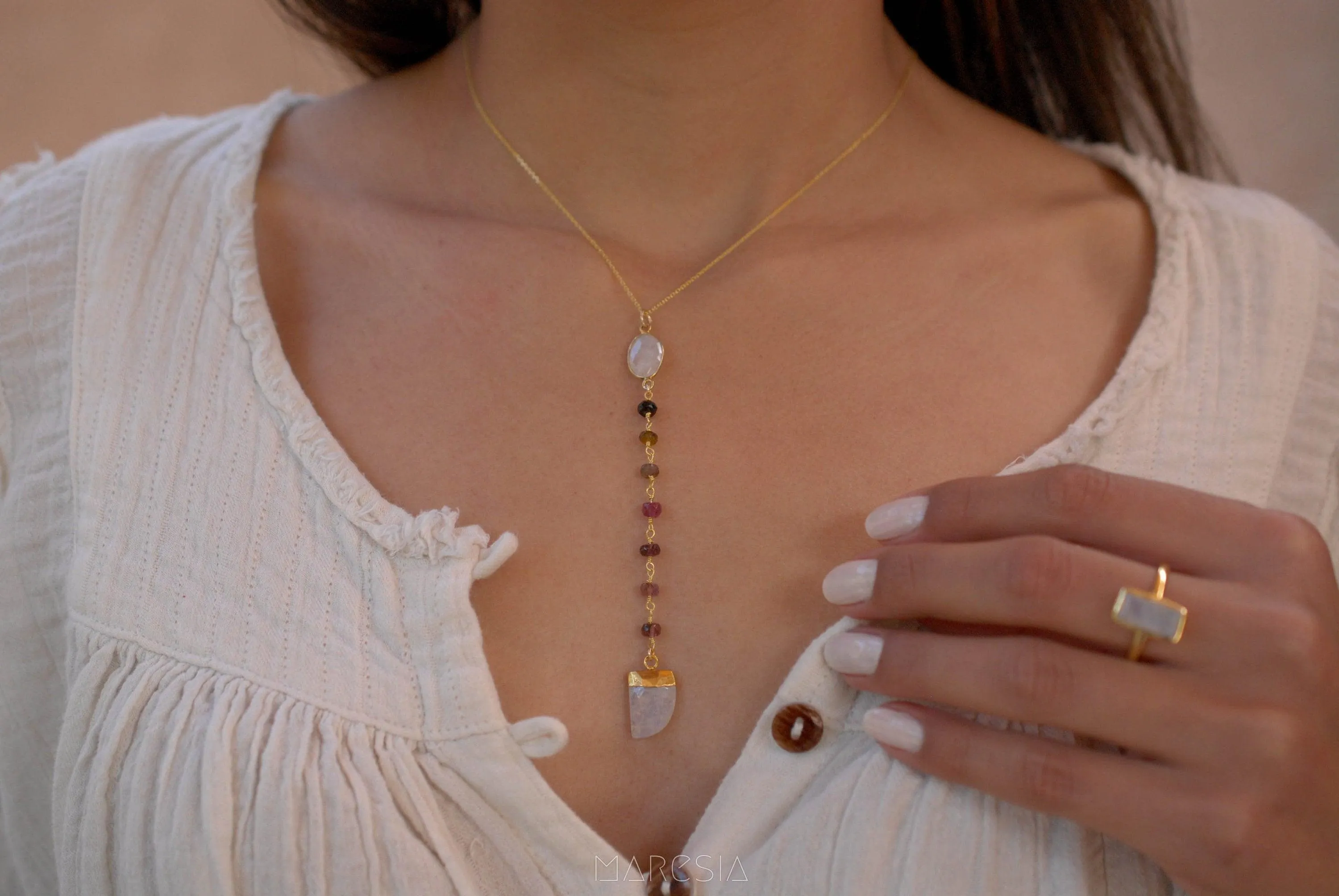 Moonstone & Tourmaline Y Necklace ~ Gold Vermeil ~ MN048