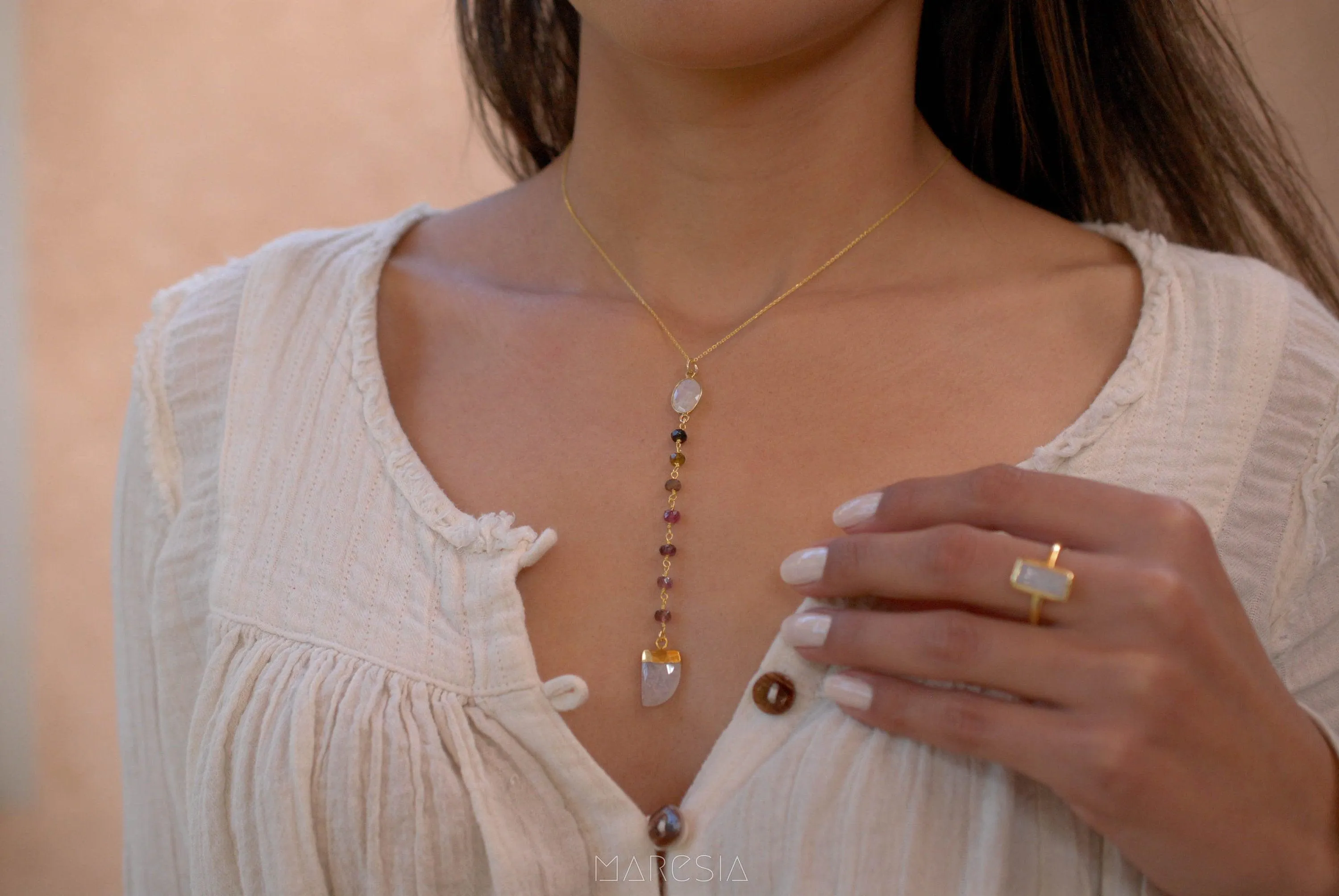 Moonstone & Tourmaline Y Necklace ~ Gold Vermeil ~ MN048