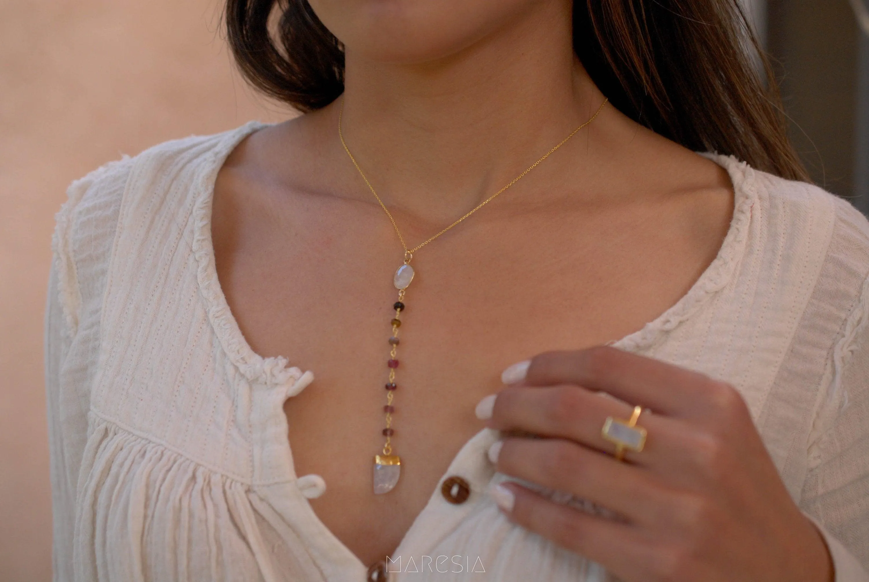Moonstone & Tourmaline Y Necklace ~ Gold Vermeil ~ MN048