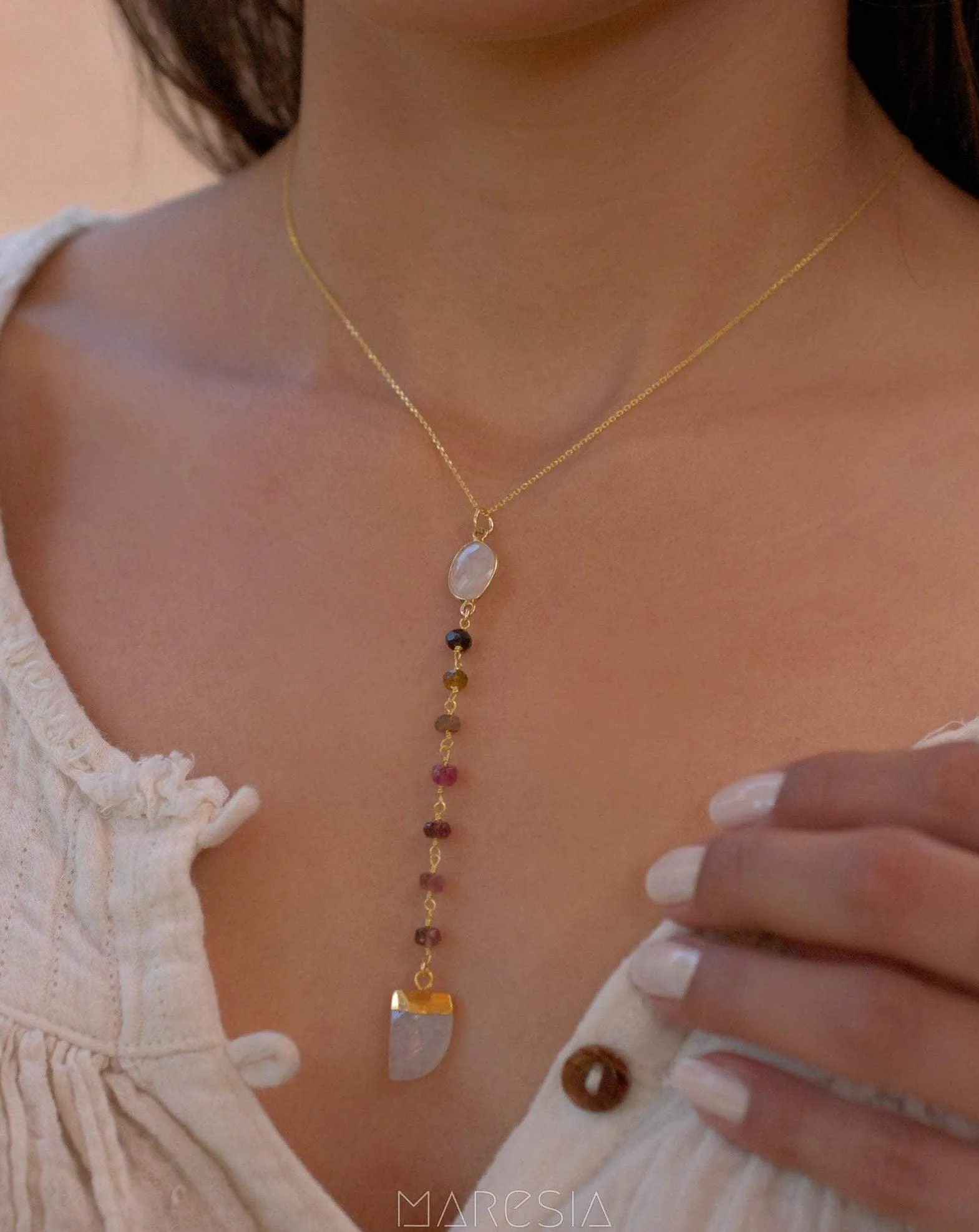 Moonstone & Tourmaline Y Necklace ~ Gold Vermeil ~ MN048