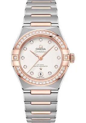 Omega Constellation Manhattan Co-Axial Master Chronometer Watch - 29 mm Steel And Sedna Gold Case - Diamond-Paved Bezel - Crystal White Silvery Diamond Dial - 131.25.29.20.52.001