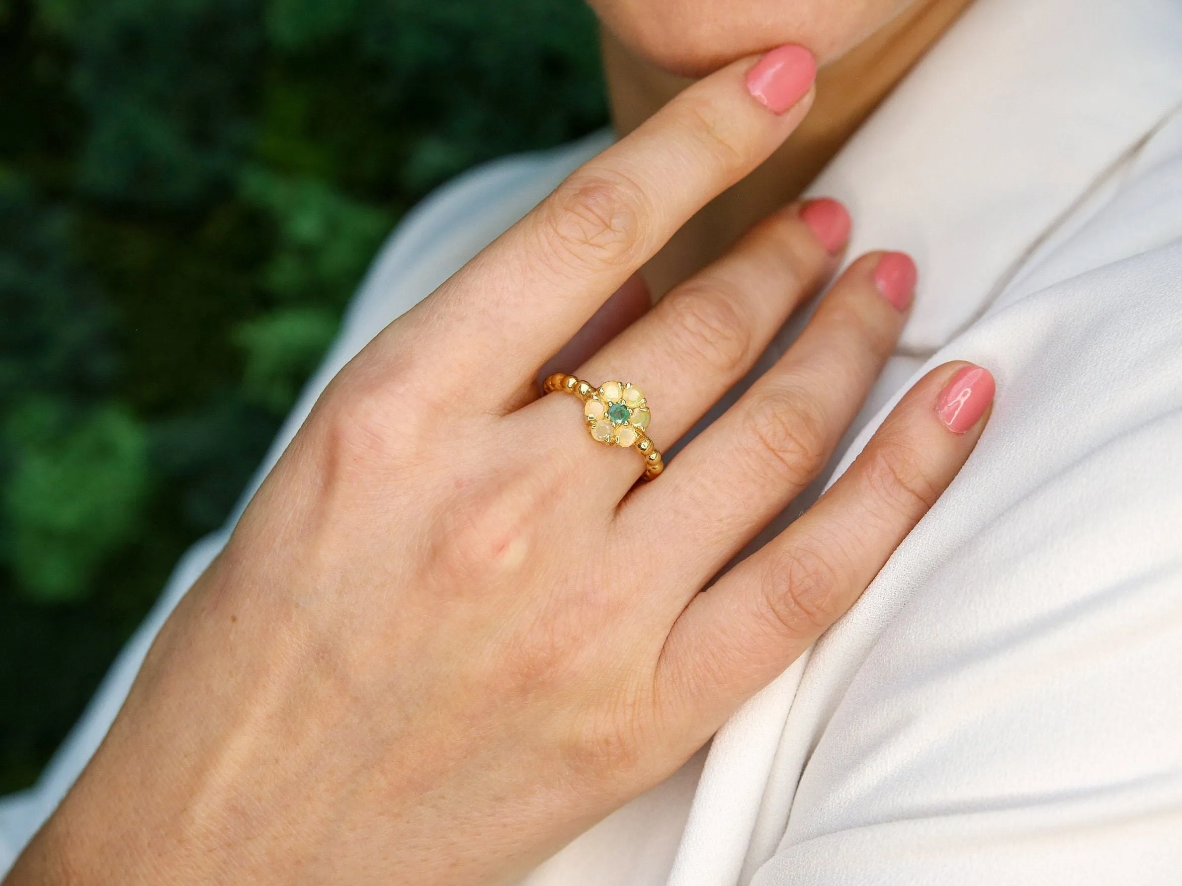 Opal Flower Ring - Gold Daisy Ring - Gold Bubble Band