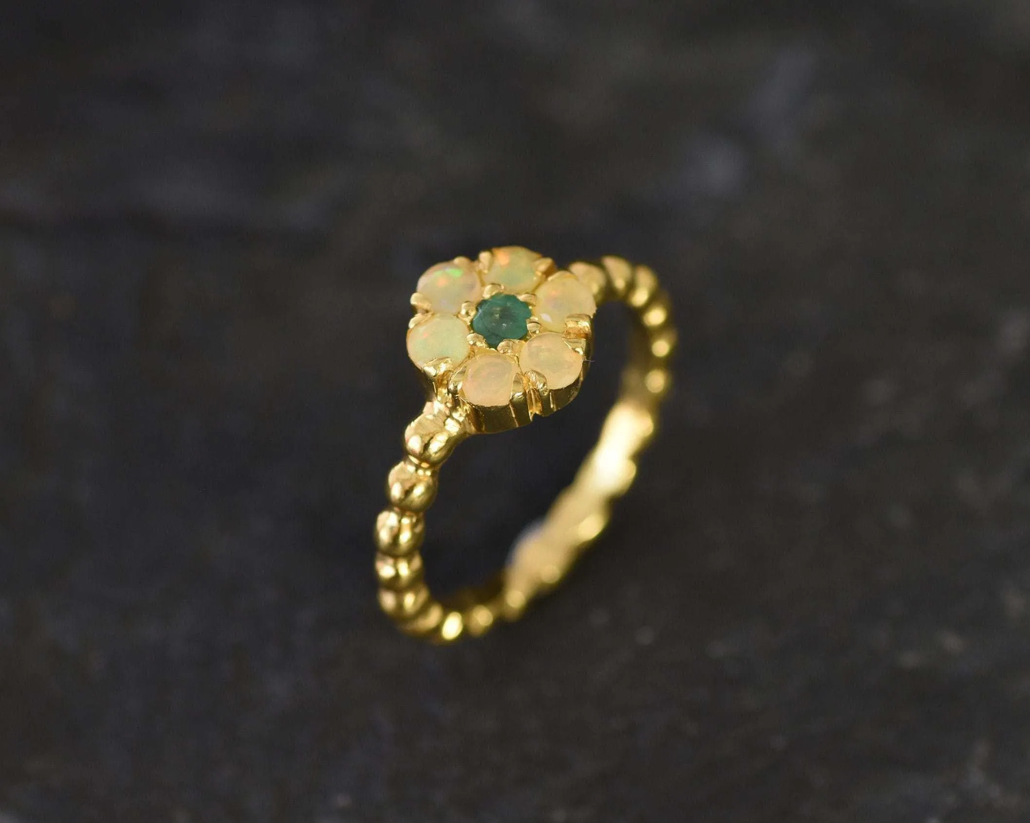 Opal Flower Ring - Gold Daisy Ring - Gold Bubble Band