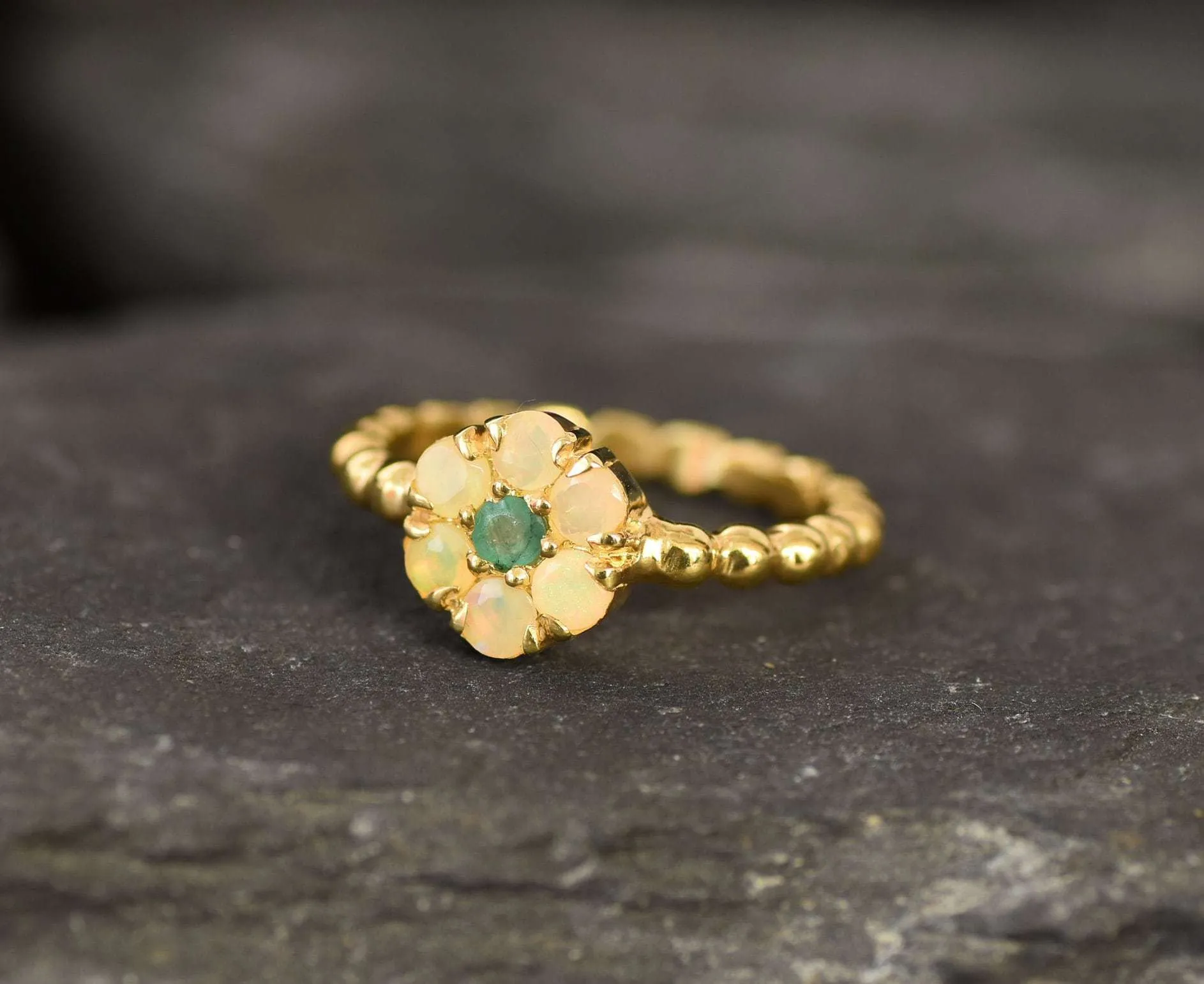 Opal Flower Ring - Gold Daisy Ring - Gold Bubble Band