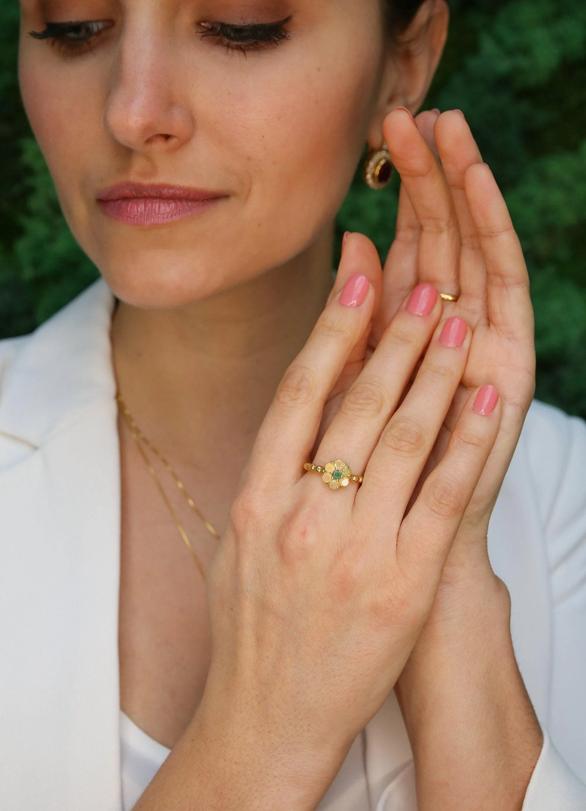 Opal Flower Ring - Gold Daisy Ring - Gold Bubble Band