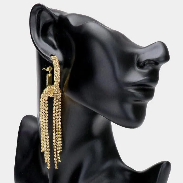 Oval Hoop Topaz Rhinestone Long Gold Earrings